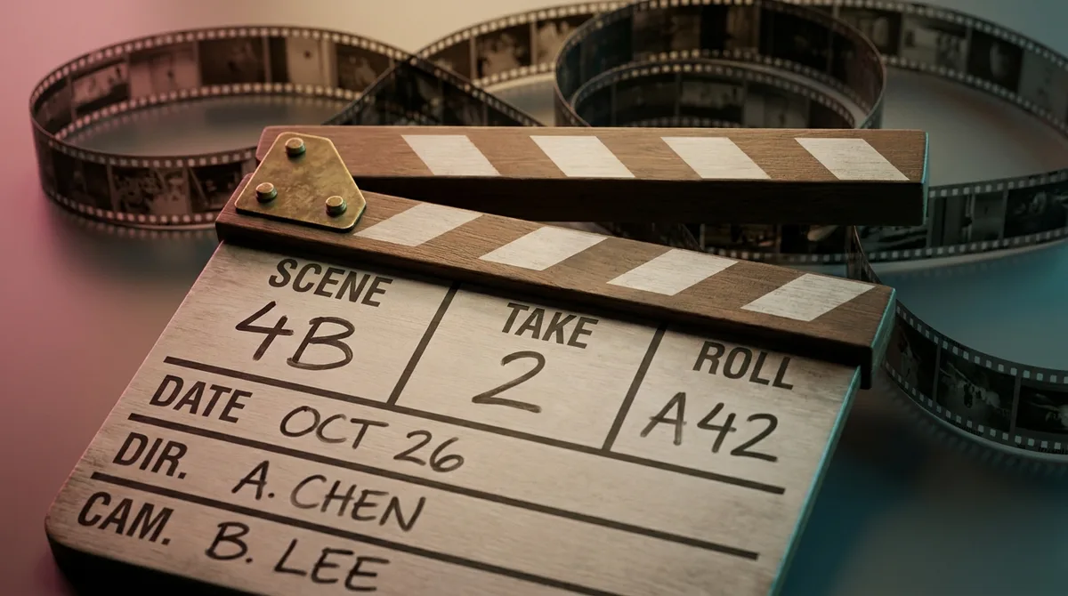 Clapperboard | OMS A clapperboard sits on film reel strips, representing video production and movie making.