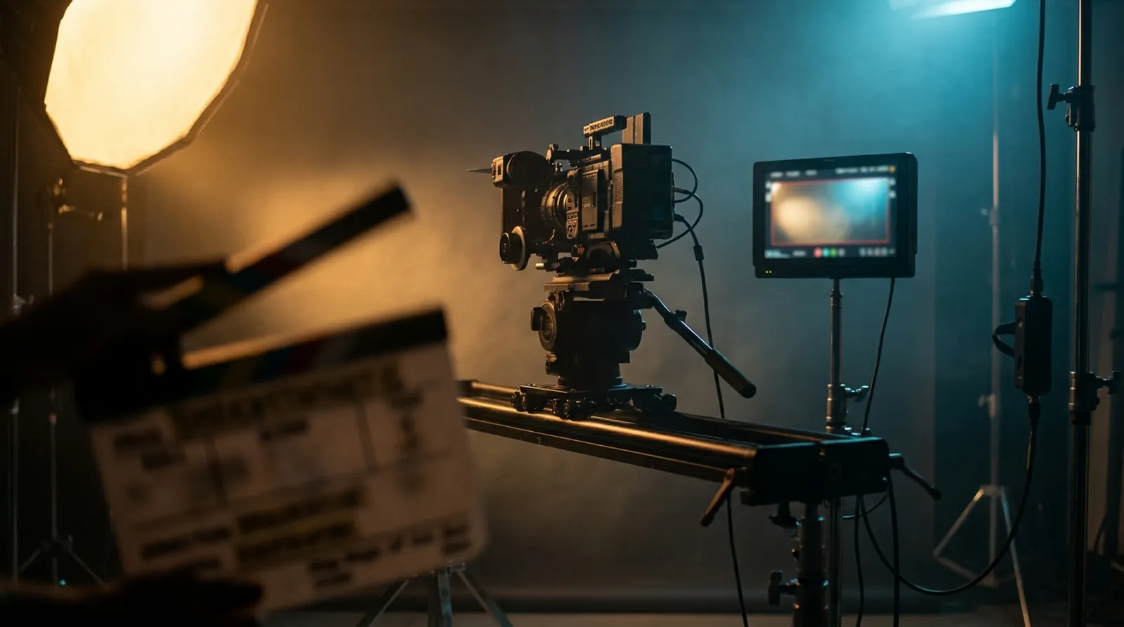 Film Set | OMS A film crew sets up a professional camera and lighting on set for video production.