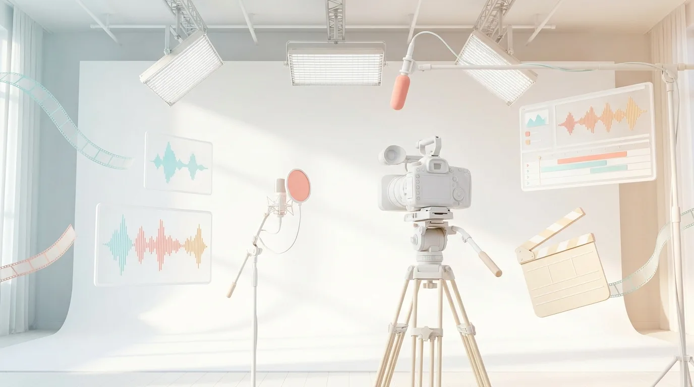 Film Studio | OMS A film studio setup with camera, lights and audio recording equipment for professional video production.