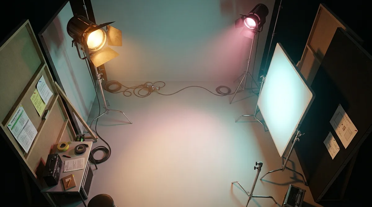Studio Lighting | OMS A film set shows studio lighting and storyboards, demonstrating professional video production.